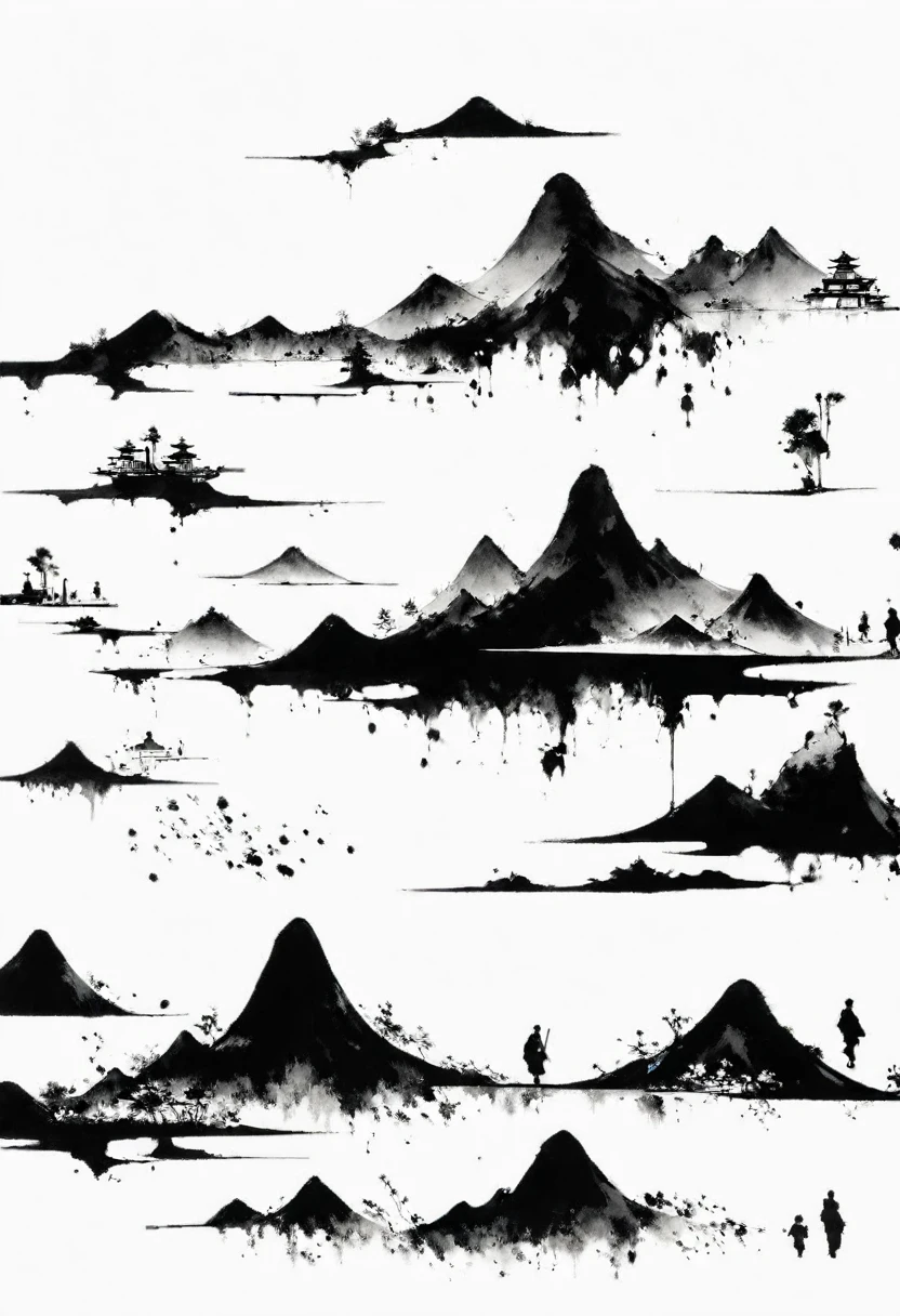 (Lots of white space:1.5),(Lots of white space around:1.6), White background, simple, Minimalism, abstract,Freehand,Aesthetic,black and white,Ink Painting,antiquity,Mountain,People in the distance