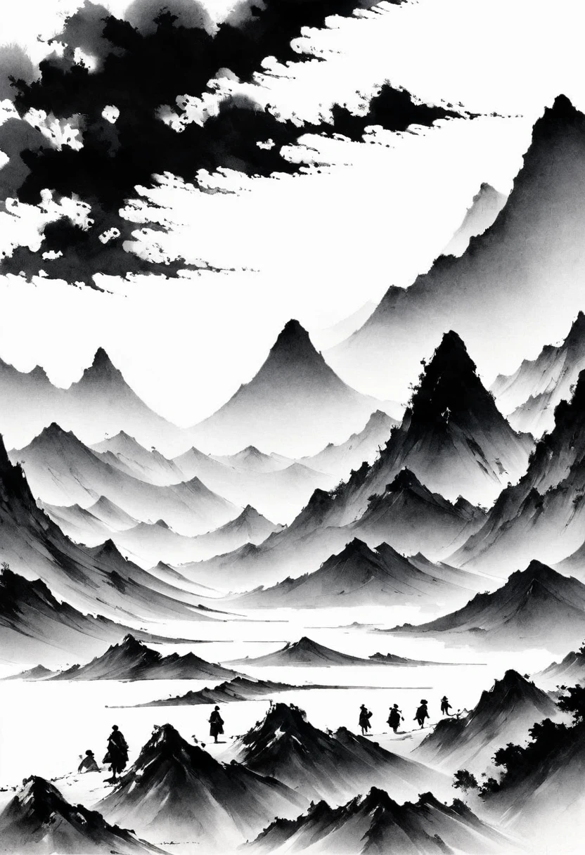 (Lots of white space:1.5)，(Lots of white space around:1.6), White background, simple, Minimalism, abstract,Freehand，Aesthetic，black and white，Ink Painting，antiquity，Mountain，People in the distance