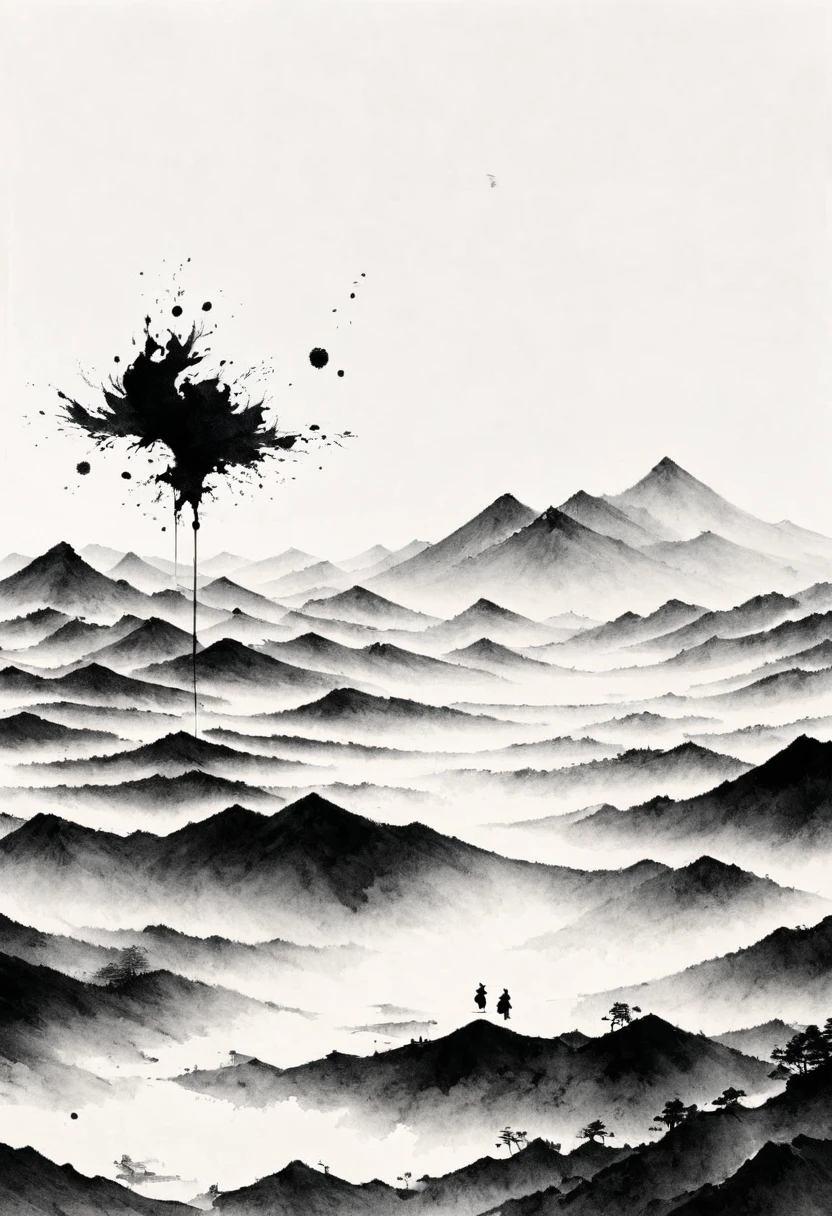 (Lots of white space:1.5),(Lots of white space around:1.6), White background, simple, Minimalism, abstract,Freehand,Aesthetic,black and white,Ink Painting,antiquity,Mountain,People in the distance