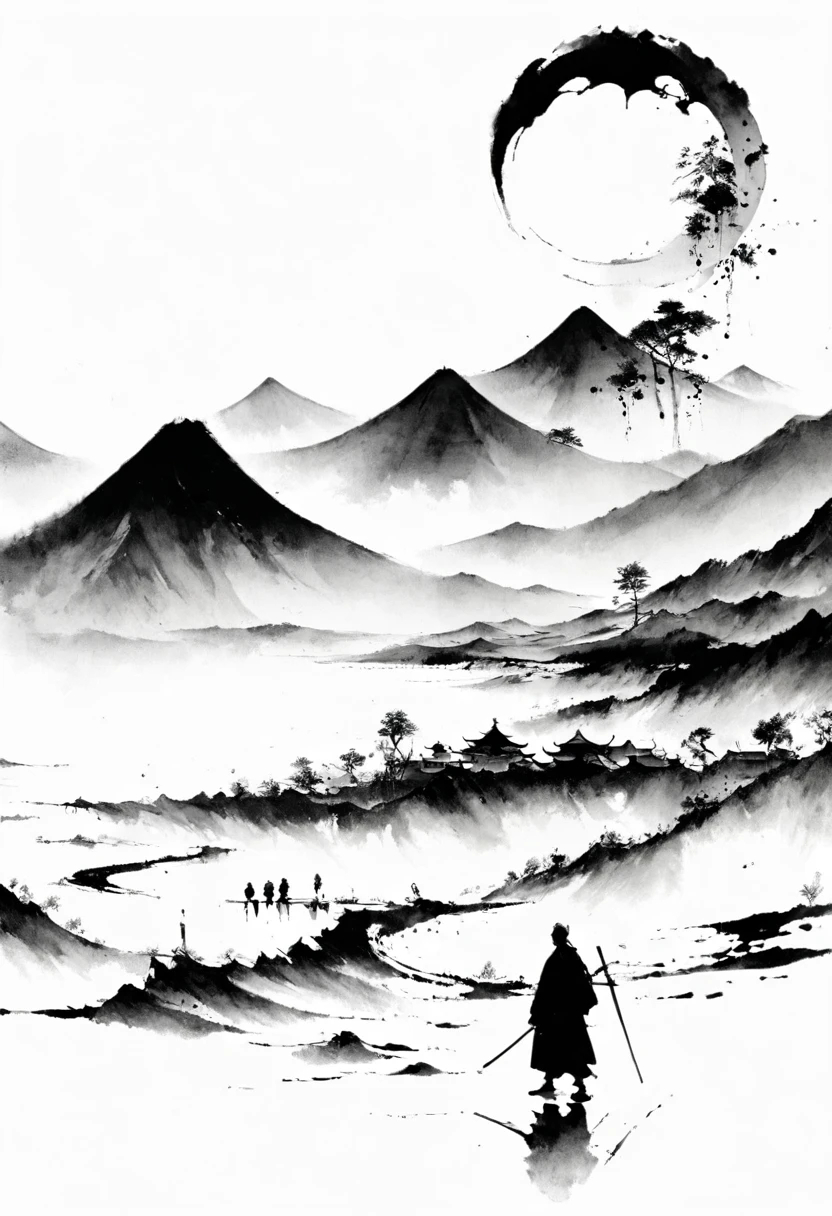 (Lots of white space:1.5),(Lots of white space around:1.6), White background, simple, Minimalism, abstract,Freehand,Aesthetic,black and white,Ink Painting,antiquity,Mountain,People in the distance