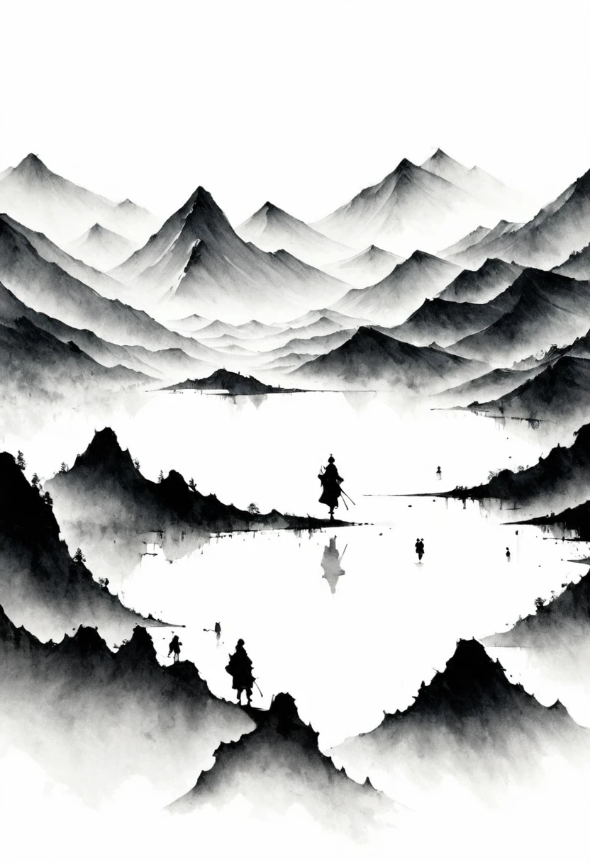 (Lots of white space:1.5)，(Lots of white space around:1.6), White background, simple, Minimalism, abstract,Freehand，Aesthetic，black and white，Ink Painting，antiquity，Mountain，People in the distance