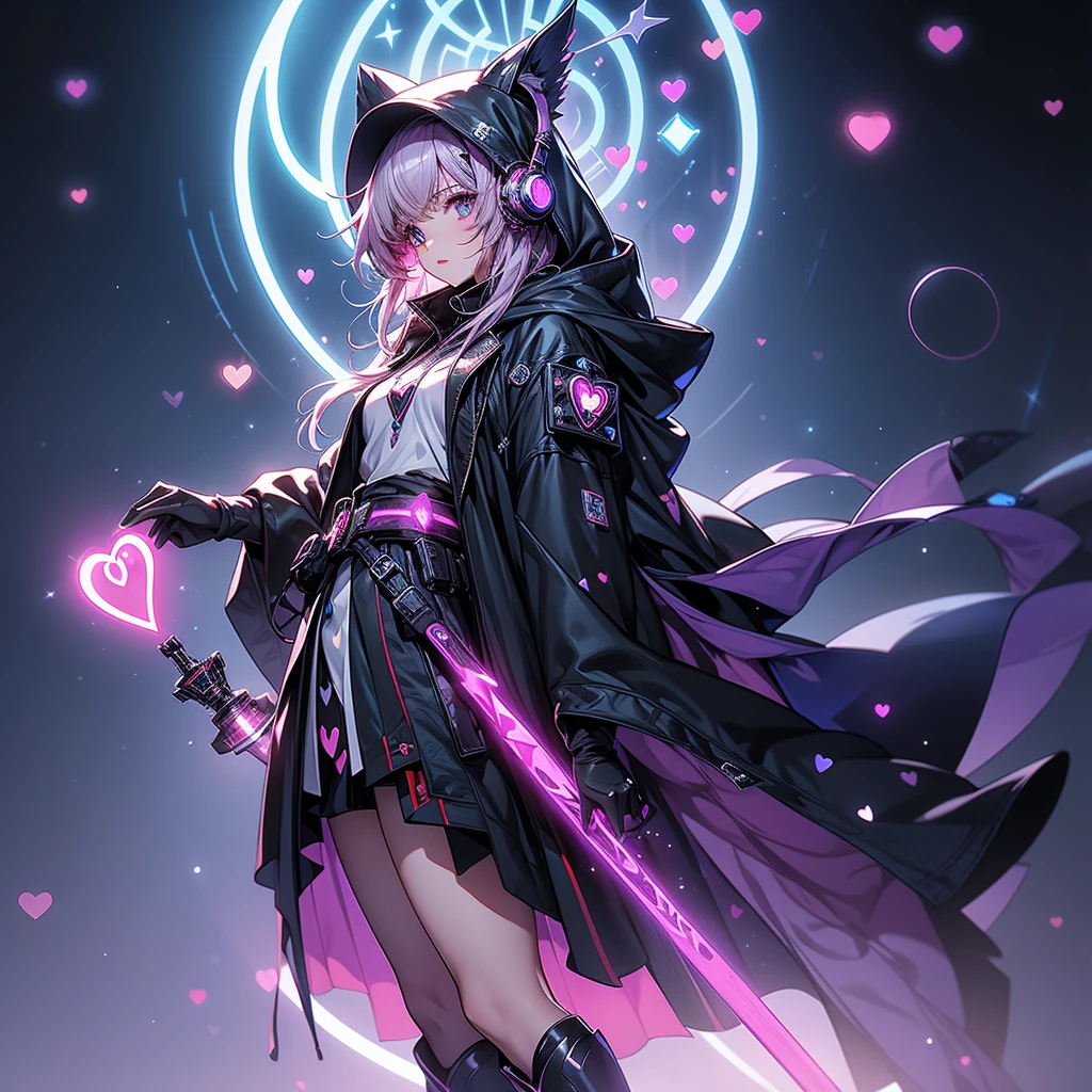 1girl、Masterpiece、highest quality、Official Art、８K、The best composition、Anime Magical Girl、cyber punk、Cute heart-shaped magic wand、Hooded cloak、Put the headset on your head、アイドルの服なのにcyber punk、White long boots、Pouch on waist、