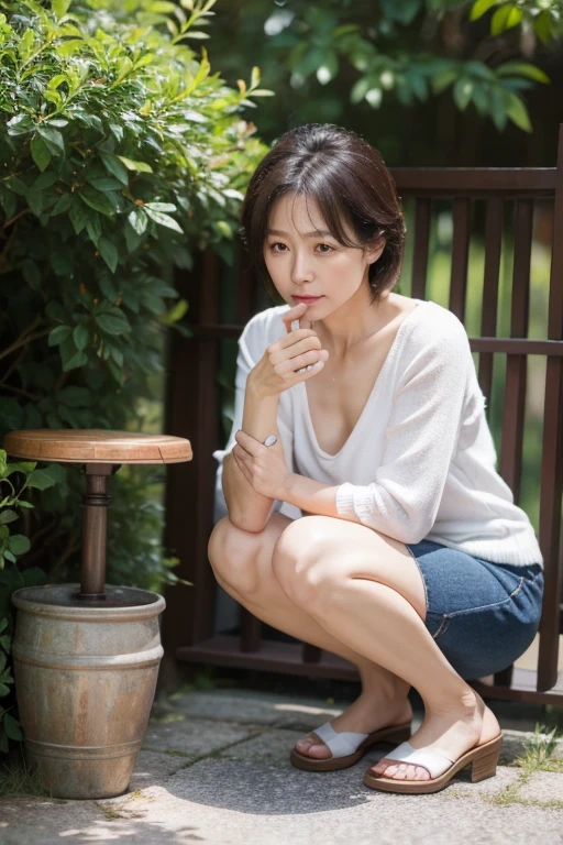 highest quality、masterpiece、High sensitivity、High resolution、50Mature woman of age、Skinny body、squat、