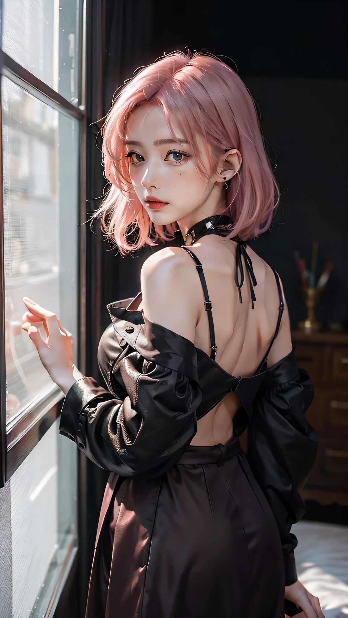 masterpiece, top-quality, 2Others, Male and female couples, 1 man and 1,, Adults, Height difference, different fashion, different color, finely eye and detailed face, intricate detailes, Casual clothing, Oversized shirt, Modern urban streets, Hands on back, A smile, Happiness, tenderness, high-level image quality、 beautiful male、tall、hug from behind、Trying to kiss、window、nightfall、nighttime scene、𝓡𝓸𝓶𝓪𝓷𝓽𝓲𝓬、Korean Male, Idol Photos, k pop, Professional Photos, Vampires, Korean fashion in black and white, Fedoman with necklace, inspired by Sim Sa-jeong, androgynous vampire, :9 detailed face: 8, extra detailed face, detailed punk hair, ((asa)) baggy eyes, Seductive. Highly detailed, semi realistic anime, Vampires, hyperrealistic , delicate androgynous prince, imvu, short hair above the ears, Man with short hair, Woman with long hair, A man with a glaring expression and a woman with a gentle expression, With a short-haired man with bright purple hair, Woman with pretty long pink hair