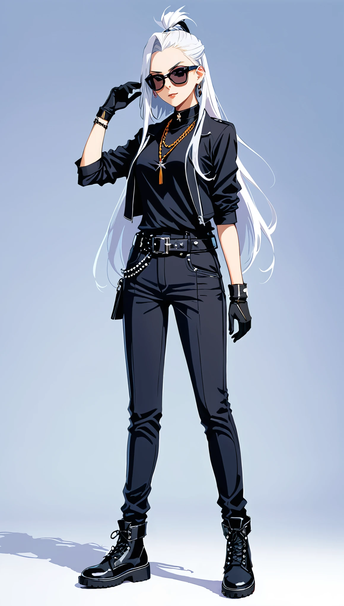 in sytle of KUBO TITE,
1 goth girl,(posing，Dynamic Action:1.8)
BREAK
bleach sytle,long_hair,partially colored,,Pants,belt,Keep,Wearing glasses on head,sunglasses,shoe,Keep 乐器,Electric Guitar,shirt,peak,Tinted glasses,whole body,Necklace,black gloves,looking at the audience,collar,运动shoe,very long hair,white hair,black shirt,白色shoe類,Jewelry,Gray hair,permanent,black Necklace,Shut up,trumpet,