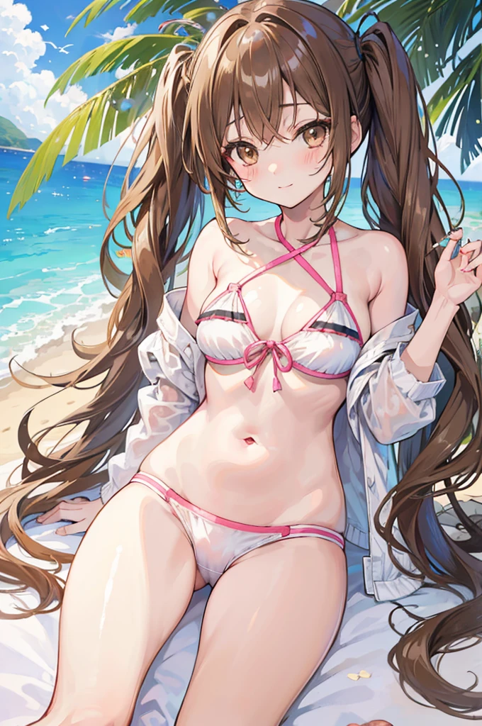 Anime, age girl, big breasts, Long hair light brown color, light brown eyes, blushing, smooth white skin, Looks very cute, Gentle and neat personality, Shy, Agasshi., Small and short, Pigtails-hair style, Sweet smile, Wearing Cute Bikini, Summer on the beach,