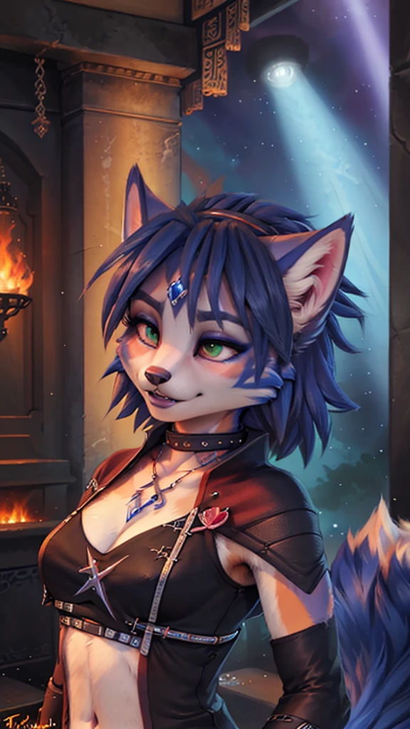 A beautiful and detailed (sweet portrait) von ((Krystal)), Sternenfuchs Krystal, Schlank, liebenswert, green eyes, medium breasts, (((Lange blaue Haare 1.3))), ((schwarze haarspitzen)), Dekollete, Grinsen, hoch schauen,, anthro, Pelzig, Hochgeladen E621, detailed flauschige fur, (von Fluff-Kevlar, Bayard Wu, Personalami, Pino Daeni), detailliertes Gesicht, (flauschige), 1 girl, Allein, Stammes-Kleidung, sweet girl,