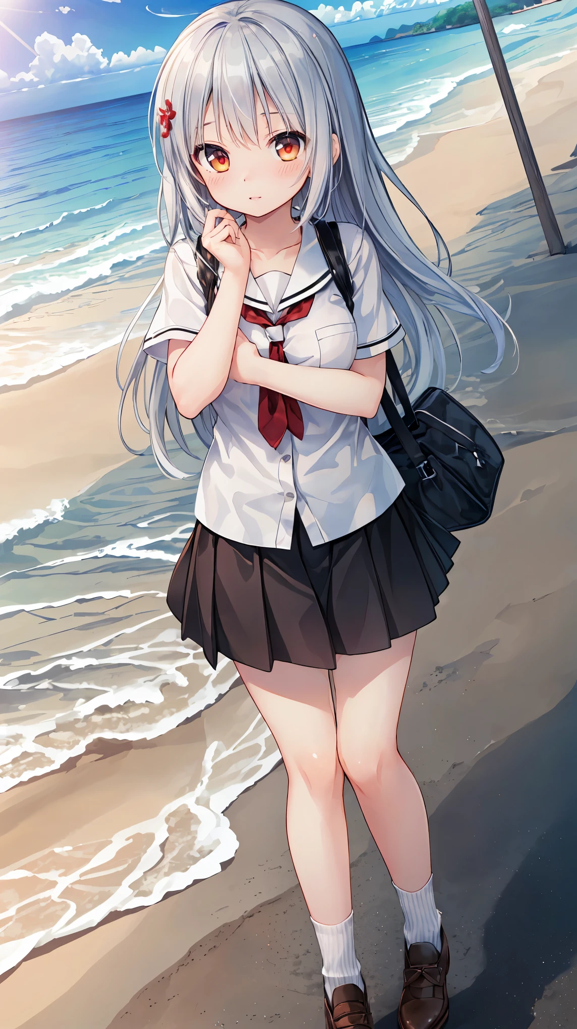 ((masterpiece)), ((highest quality)), ((High resolution)), ((Highly detailed CG Unity 8k wallpaper)), alone, tachibana kanade, Brown uniform, Black Skirt, White socks, Outdoor, face, Beach, Hanging hair, Parted hair, Silver Hair, 笑face, 