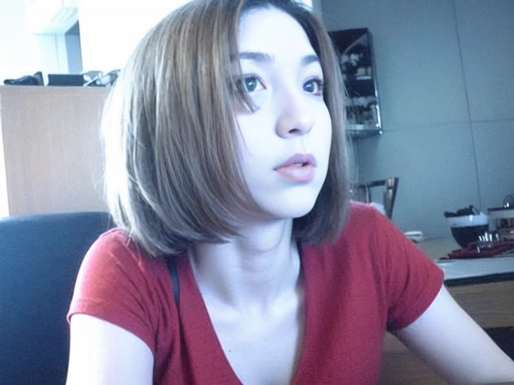 there is a woman sitting at a table with a plate of food, with short hair, bob cut, with a bob cut, brown bob haircut, chin-length hair, bob cut hair, chrome bob haircut, with brown hair, bob haircut, with short straight brown hair, brown short hair, short brown hair, short hair cut, the hime cut