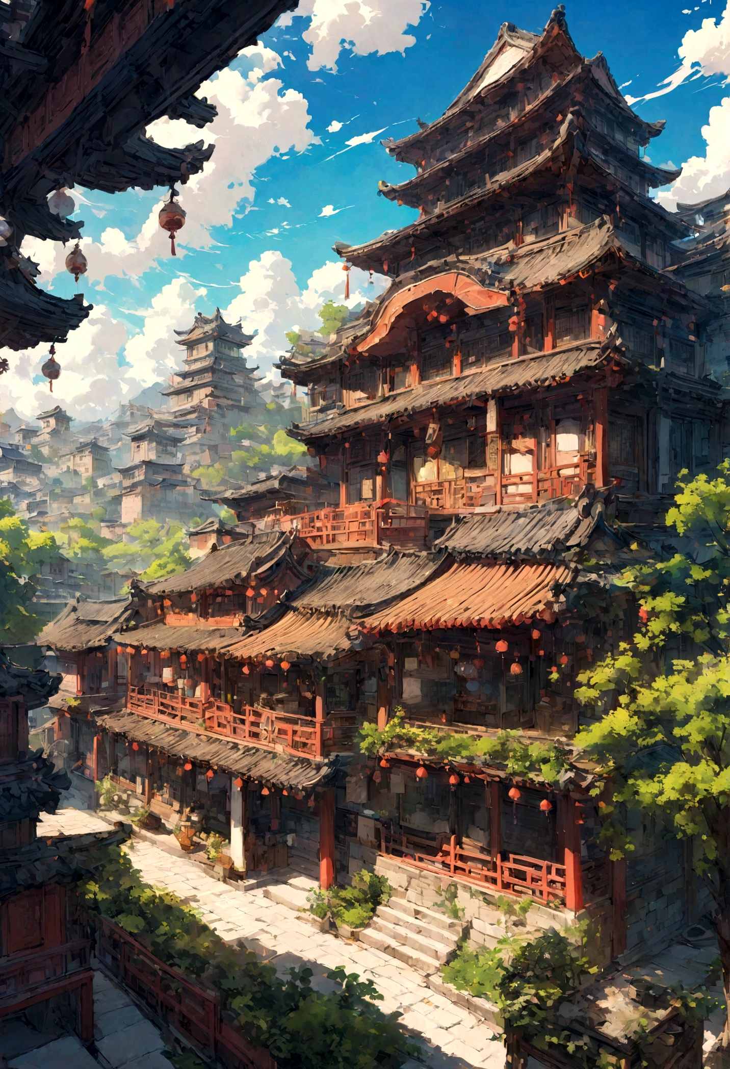 Chinese style building, comics，QR diagram，comics风格，Shinkai Makoto animation art style，Ultra wide angle viewing angle，Chinese style building，Small town，Imagine，Bright and colorful，Ultra-fine，Super detailed，high quality，8K ，oc rendering，Dynamic perspective，Super real，Super real照片