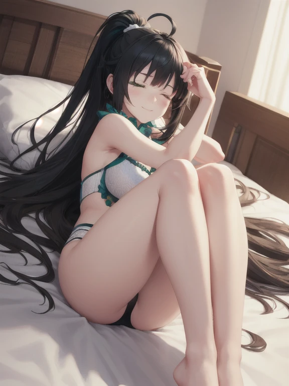 masterpiece, highest quality, Official Art,Open the legs fully、, Crotch cutout, No crotch, No pants, Naked body、 (Highly detailed CG Unity 8k wallpaper), Detailed Background, (The Hands of Guido Daniele: 1.1), The legs are off the frame, First Person View, 1, Attractive and perfect beautiful woman, Lying face down on the bed, Eyes closed、Turn back, (Curvaceous), (((sleepy: 1.14))), (Stick your butt out, White thighs: 1.12), ( Black long hair: 1.12), (Ahoge: 1.13), (High Ponytail: 1.12), (Green Eyes: 1.13), Behold the Beholder, big, (Cleavage), Beautiful Face, (blush: 1.11), (smile: 1.11)