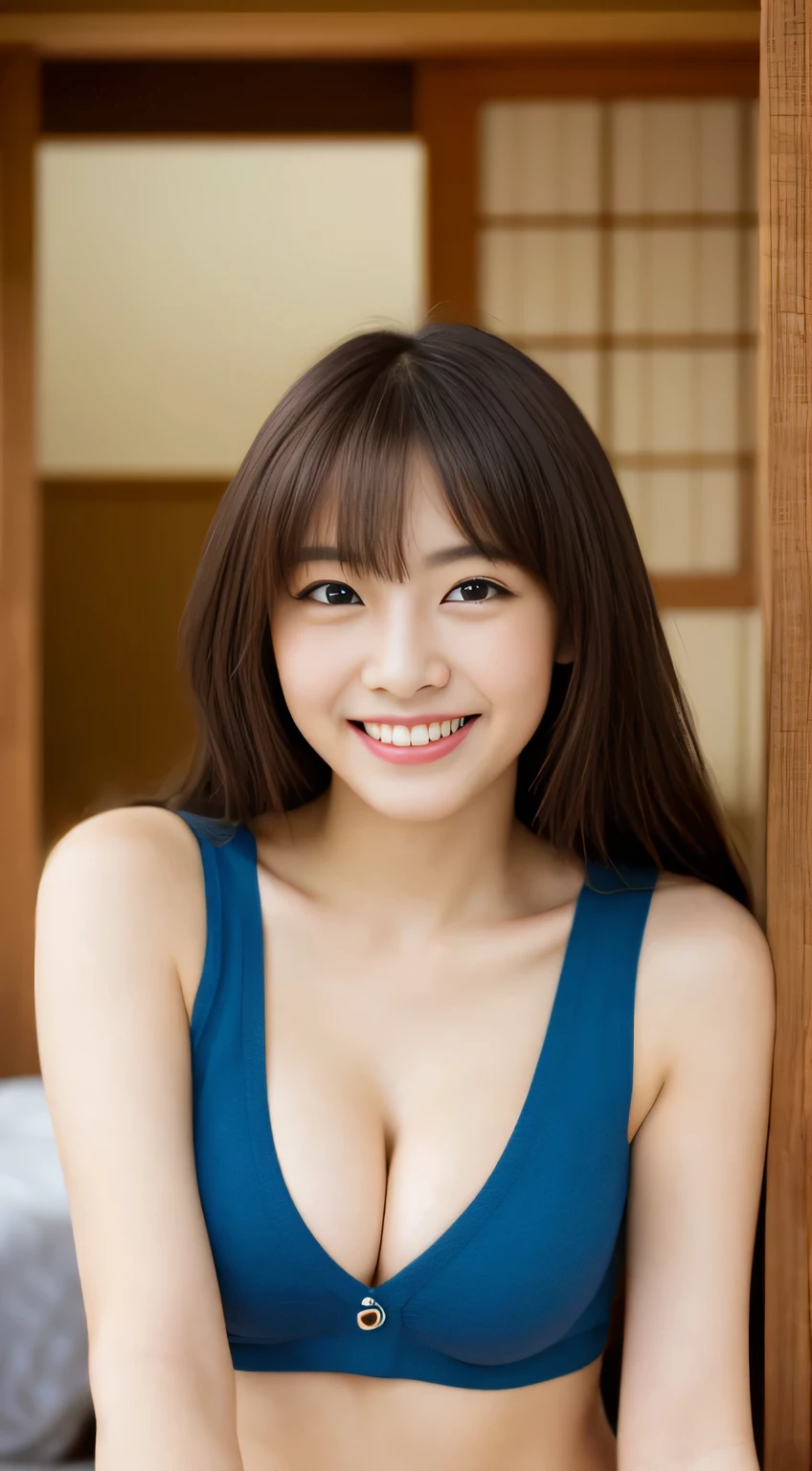 masterpiece,best quality,(Japanese ),((Beautiful girl)),cleavage,indoor,(perfect body beauty:1.2),(shy smile),beautiful teeth,