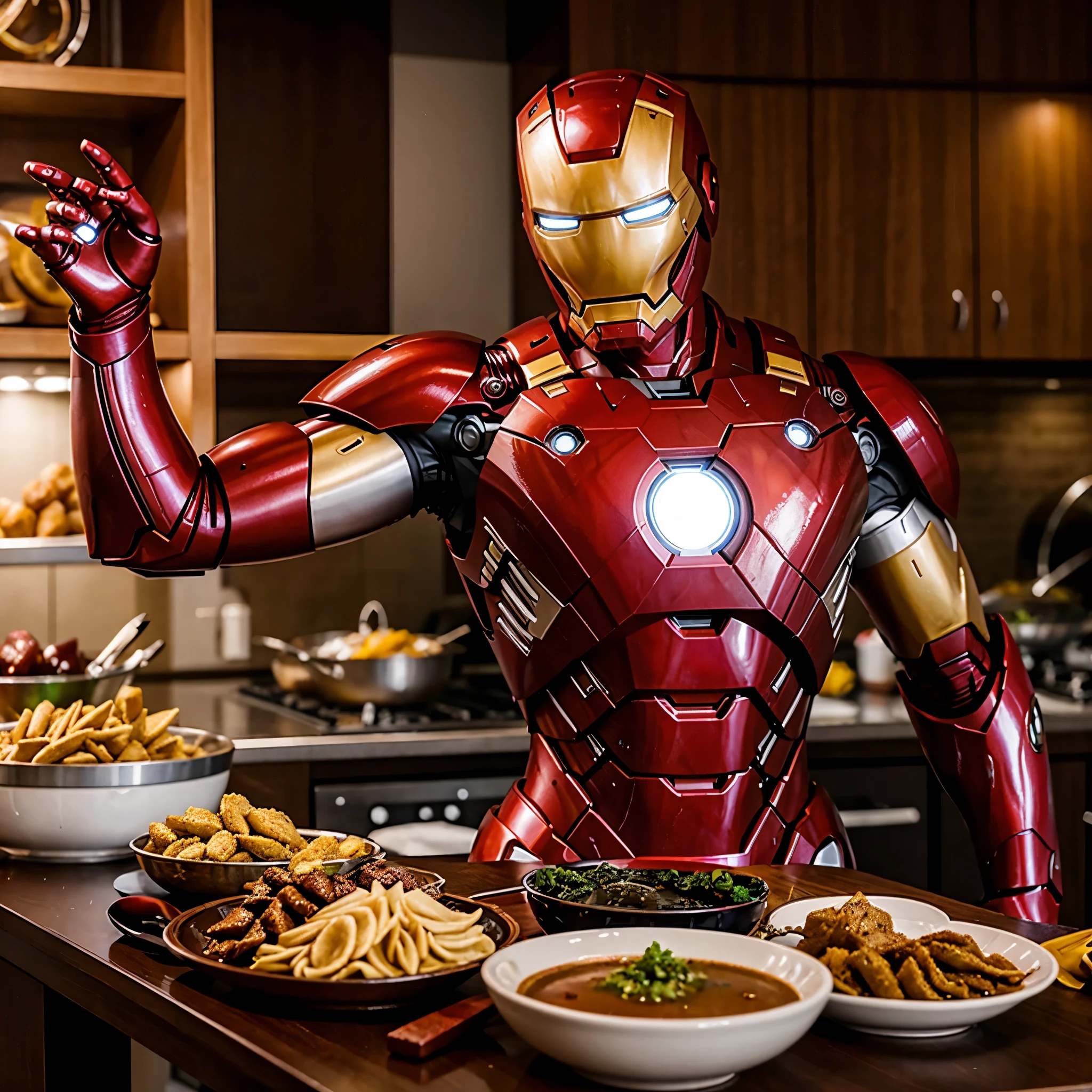 Iron man memakan tahu besar pedas