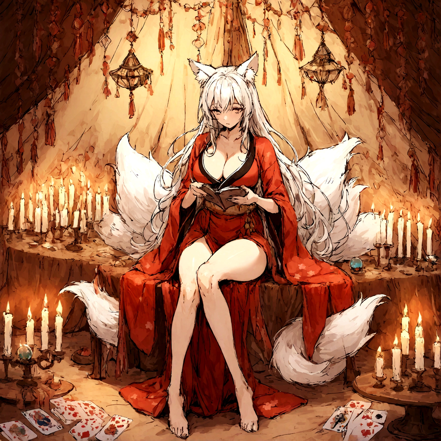 a sexy milf, has very long white hair, breasts, showing cleavage, has fox ears, wearing sakura kimono, in a gypsy tent, reading a crystal ball and surrounded by tarot cards, surrounded by candles, mystical, showing legs, sitting on cloth laden stool, has a table in front of her, has a fox tail