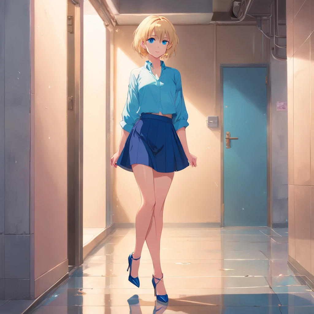 17 years old Women, ((Blonde)), ((Blue eyes)), ((Short hair)), ((Full shot)), very detailed makeup, pale pink lipstick, long earrings, Standing leaning against a wall, wearing very sexy and small underwesr and high heels ((wearing high heels)) ((Full Body)) ((wet floor))