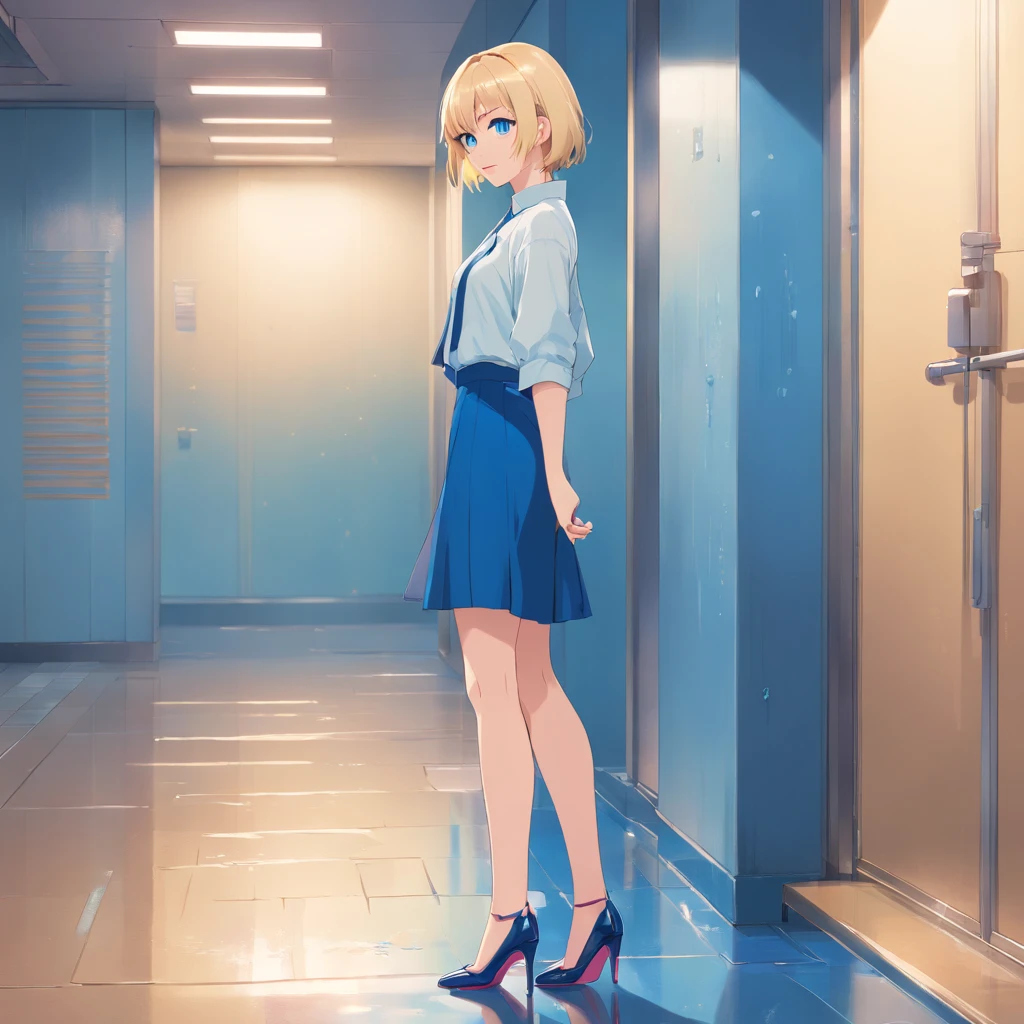 17 years old Women, ((Blonde)), ((Blue eyes)), ((Short hair)), ((Full shot)), very detailed makeup, pale pink lipstick, long earrings, Standing leaning against a wall, wearing very sexy and small underwesr and high heels ((wearing high heels)) ((Full Body)) ((wet floor))