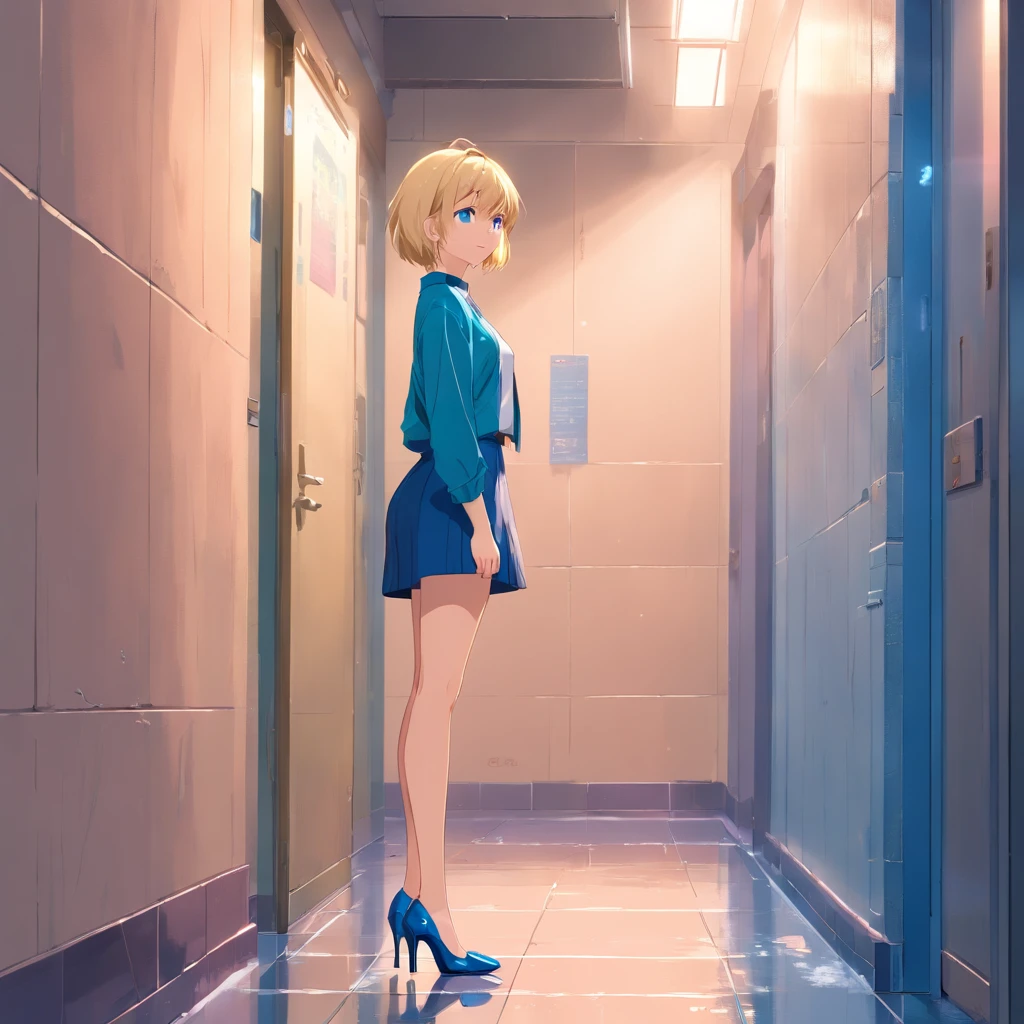 17 years old Women, ((Blonde)), ((Blue eyes)), ((Short hair)), ((Full shot)), very detailed makeup, pale pink lipstick, long earrings, Standing leaning against a wall, wearing very sexy and small underwesr and high heels ((wearing high heels)) ((Full Body)) ((wet floor))