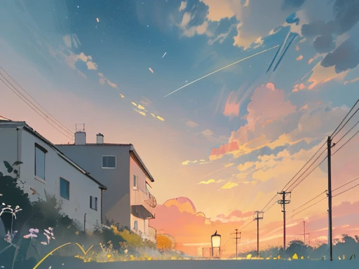 (sky, wide open sky, sunset), early summer air, aesthetic, Ghibli background style, cute storybook illustration, gentle soft lighting, Giorgio Morandi Colors, thick line graph, full-color illustration, cover illustration, scenery, dabai style, (lamplight:1.0)，masterpiece, Best quality at best,