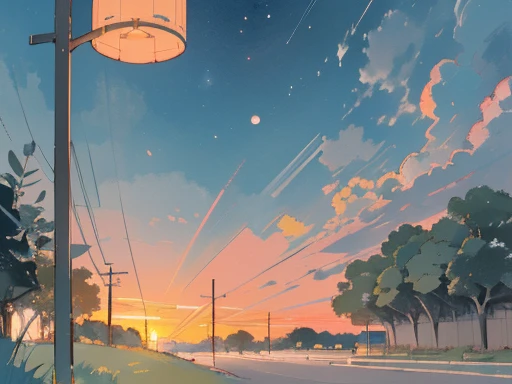 (sky, wide open sky, sunset), early summer air, aesthetic, Ghibli background style, cute storybook illustration, gentle soft lighting, Giorgio Morandi Colors, thick line graph, full-color illustration, cover illustration, scenery, dabai style, (lamplight:1.0),masterpiece, Best quality at best,