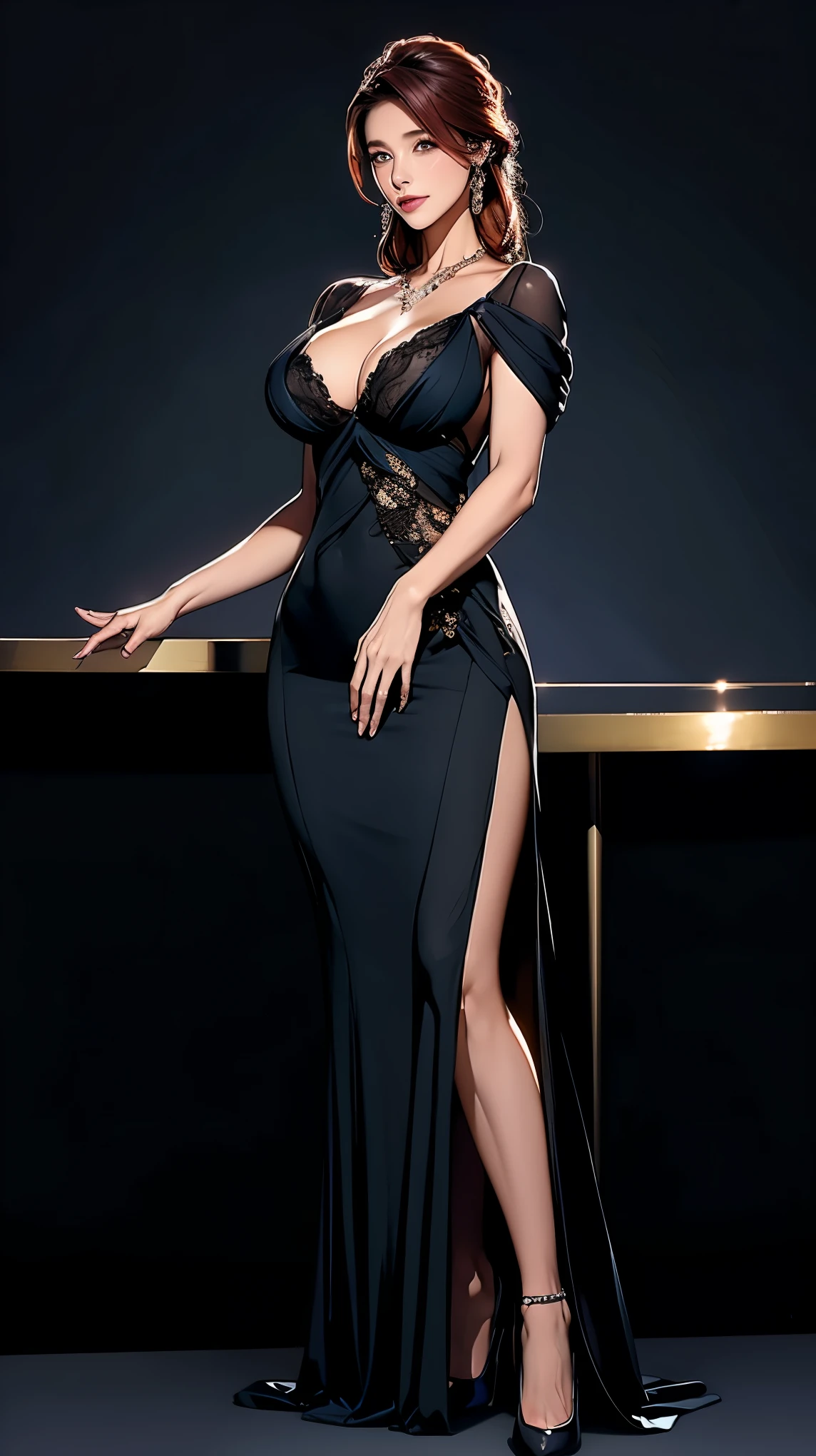 "Catherine Rousseau, a 42-year-old woman in a classic black evening dress with a side slit, showcasing her slender yet curvaceous figure and narrow waist. Her gentle blushed cheeks complement her radiant smile and warm expression, accentuated by minimal makeup and deep blue eyes. Auburn hair styled with an elegant hairpin, and her neck graced with a pearl necklace, with matching pearl earrings sparkling under the bar's soft lights. Holding a vintage wine glass, reflecting the bar's ambient light. Captured in the Garden of Venus setting. ((intricate detail)), super finely detailed hands, ultra finely detailed fingers(((ten fingers))), (standing confidently), (full body showcase), (show full body), (no logos on background), (no logo), ((plain background)), ((plain background)), (((empty background))).