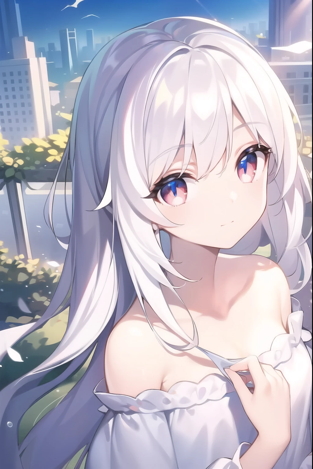 ((masterpiece, best quality))++, Detailed lighting+, Detailed hair+, Detail hand+ ,1 girl, Miss, Long hair, Crimson eyes, beautiful eyes, young white hair,,(Beautiful white hair:1.5),(Beautiful and delicate eyes), high resolution+,glass tint, Reflective eyes, {{angle}} , Very detailed wallpaper, The original, ,Sea of Flowers,Air bangs,city road,Double ponytails,Extremely beautiful CG,Girls shopping,Headband,Pure white girl
