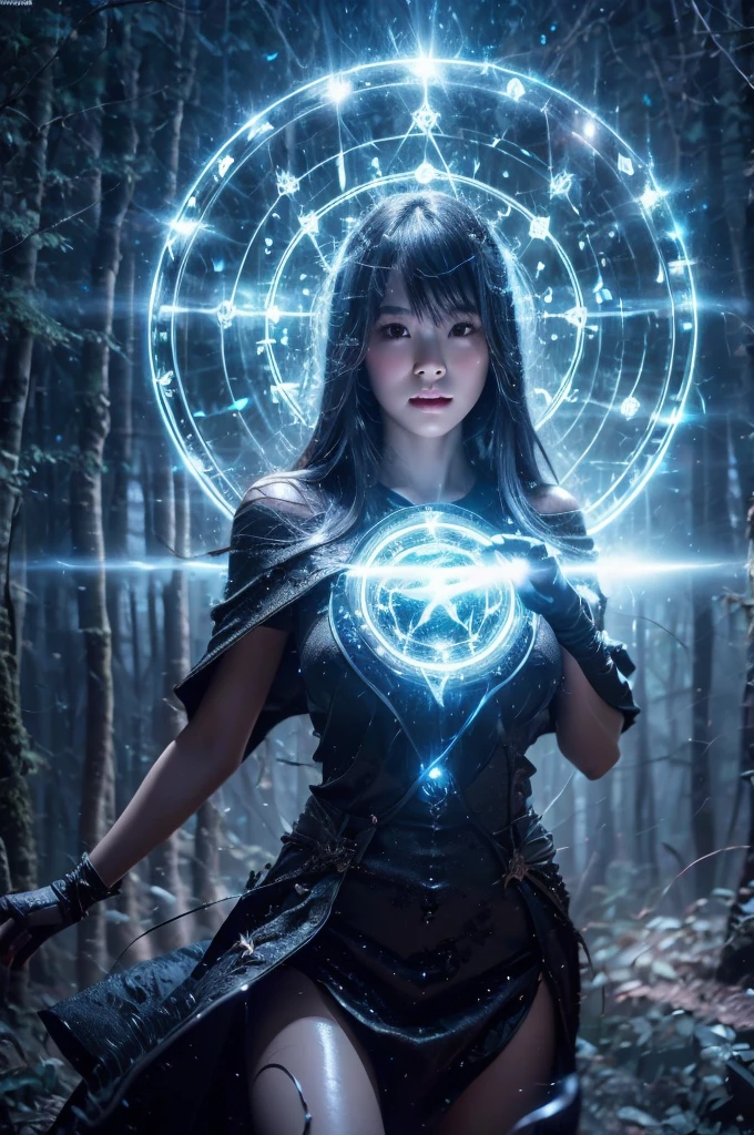 best quality, 8k, very delicate and beautiful, highly detailed face and skin texture, shiny skin, high resolution, big tits japanese girl in sexy black dress with magic circle and thunder magic in gloomy forest at night, with lightning, sharp focus