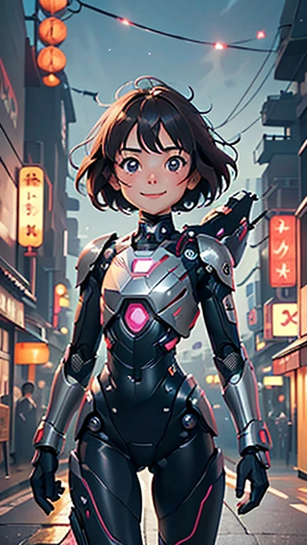 (8k),(masterpiece),(Japanese),(8--old l),((innocent look)),((Petit)),From the front,smile,cute,Innocent,Kind eyes,flat chest, Slender, Grey RoboCop costume,short,Hair blowing in the wind,Brown Hair,strong wind,midnight,dark,neon light futuristic city