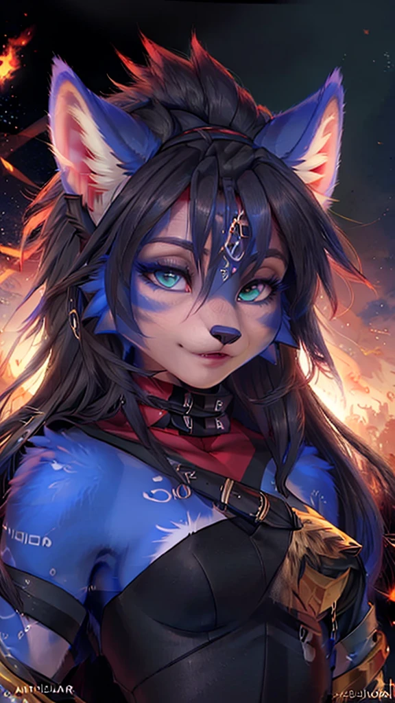 A beautiful and detailed (sweet portrait) von ((Krystal)), Sternenfuchs Krystal, Schlank, liebenswert, green eyes, medium breasts, (((Lange blaue Haare 1.3))), ((schwarze haarspitzen)), Dekollete, Grinsen, hoch schauen,, anthro, Pelzig, Hochgeladen E621, detailed flauschige fur, (von Fluff-Kevlar, Bayard Wu, Personalami, Pino Daeni), detailliertes Gesicht, (flauschige), 1 girl, Allein, Stammes-Kleidung, sweet girl,