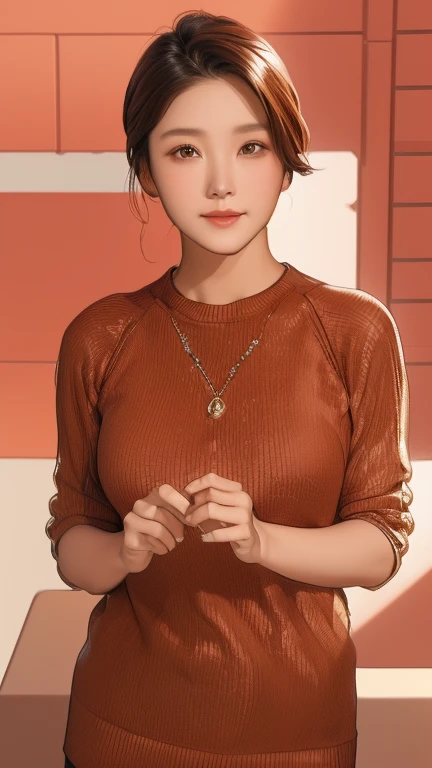 Ala Fed woman in brown sweater standing in room, South Korean actress, beautiful south korean women, gorgeous young korean women, Cute Korean Actresses, Choi Hong-hwa, Kwak Ji-yeon, Korean women, Shin Min-jung, beautiful young korean women, Lovely lady, korean artist, korean female fashion model, Park from to minutes, Short hair, masterpiece, super detail, high details, best quality, 8k