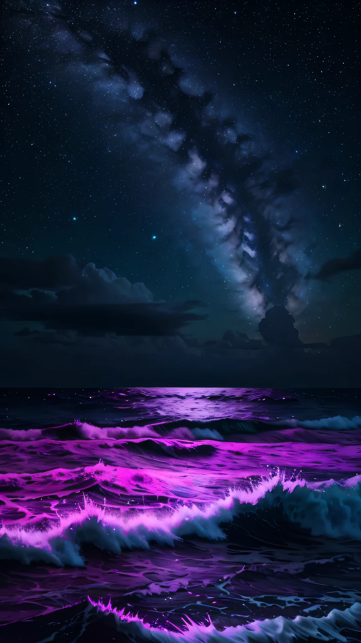 bioluminescent stars in the sky, pink half moon, touquois sky, soft cotton clouds, tourqouis ocean waves, shiny, purple water, galaxy, complementing lighting