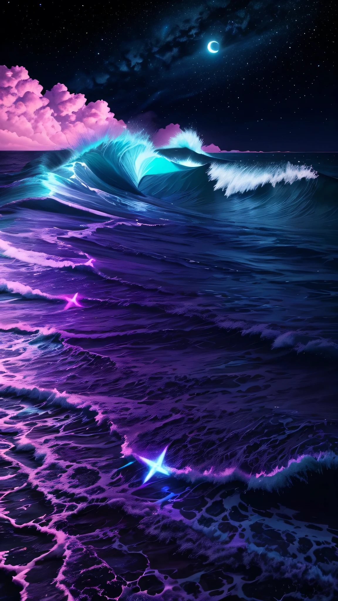 bioluminescent stars in the sky, pink half moon, touquois sky, soft cotton clouds, tourqouis ocean waves, shiny, purple water, galaxy, complementing lighting