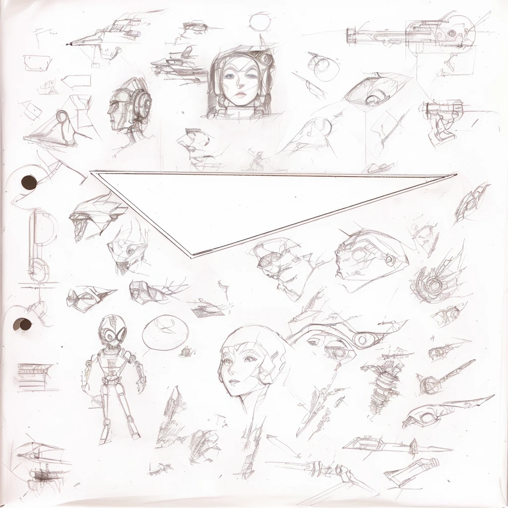 sketches of various objects and objects drawn on a piece of paper, doodles, sketches, inspired by Oskar Schlemmer, inspired by Wally Wood, concept sheet, cybernetic body parts, face doodles, inspired by Saul Steinberg, dissection sketch, pencil doodle, inspired by Steve Ditko, sketchbook drawing, flash sheet, faces and characters, drawings
