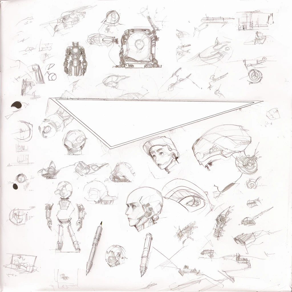 sketches of various objects and objects drawn on a piece of paper, doodles, sketches, inspired by Oskar Schlemmer, inspired by Wally Wood, concept sheet, cybernetic body parts, face doodles, inspired by Saul Steinberg, dissection sketch, pencil doodle, inspired by Steve Ditko, sketchbook drawing, flash sheet, faces and characters, drawings
