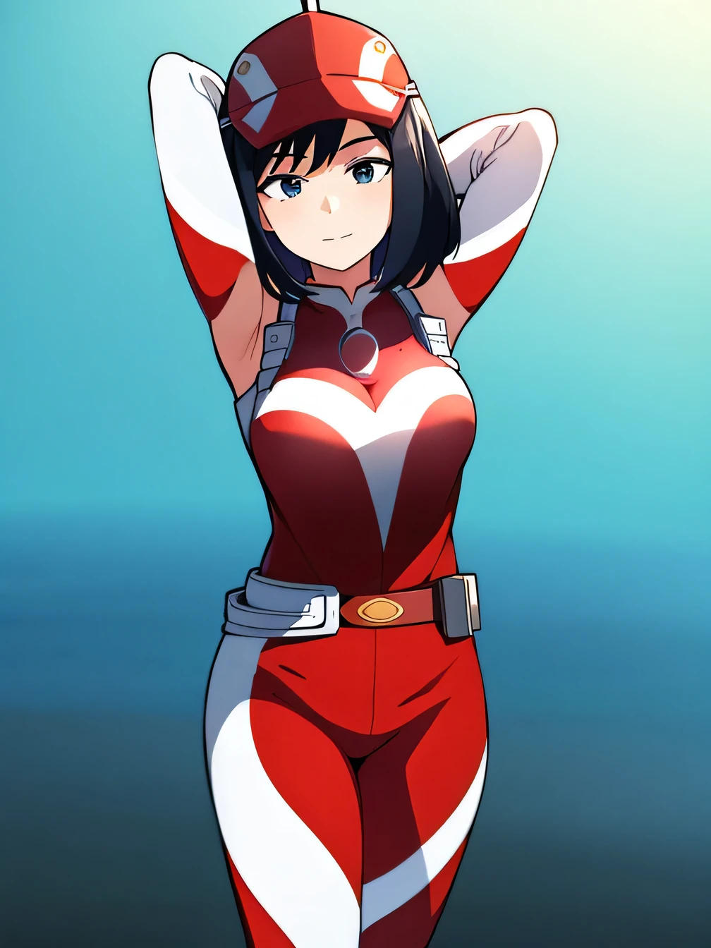 1girl, alone, yui kodai, medium hair, black eyes, smiling, closed mouth, best quality, (peak cap: 1.2), (red and white jumpsuit: 1.2), sleeves long, belt, (red and white pants: 1.2), (white sneakers: 1.2) large breasts, medium waist, anime, closed mouth, solo, (cowboy shot:1.5) night sky, beach, {arms behind head}, contrapposto, shy smile, spread armpits, best quality, perfect hands, expressionless,