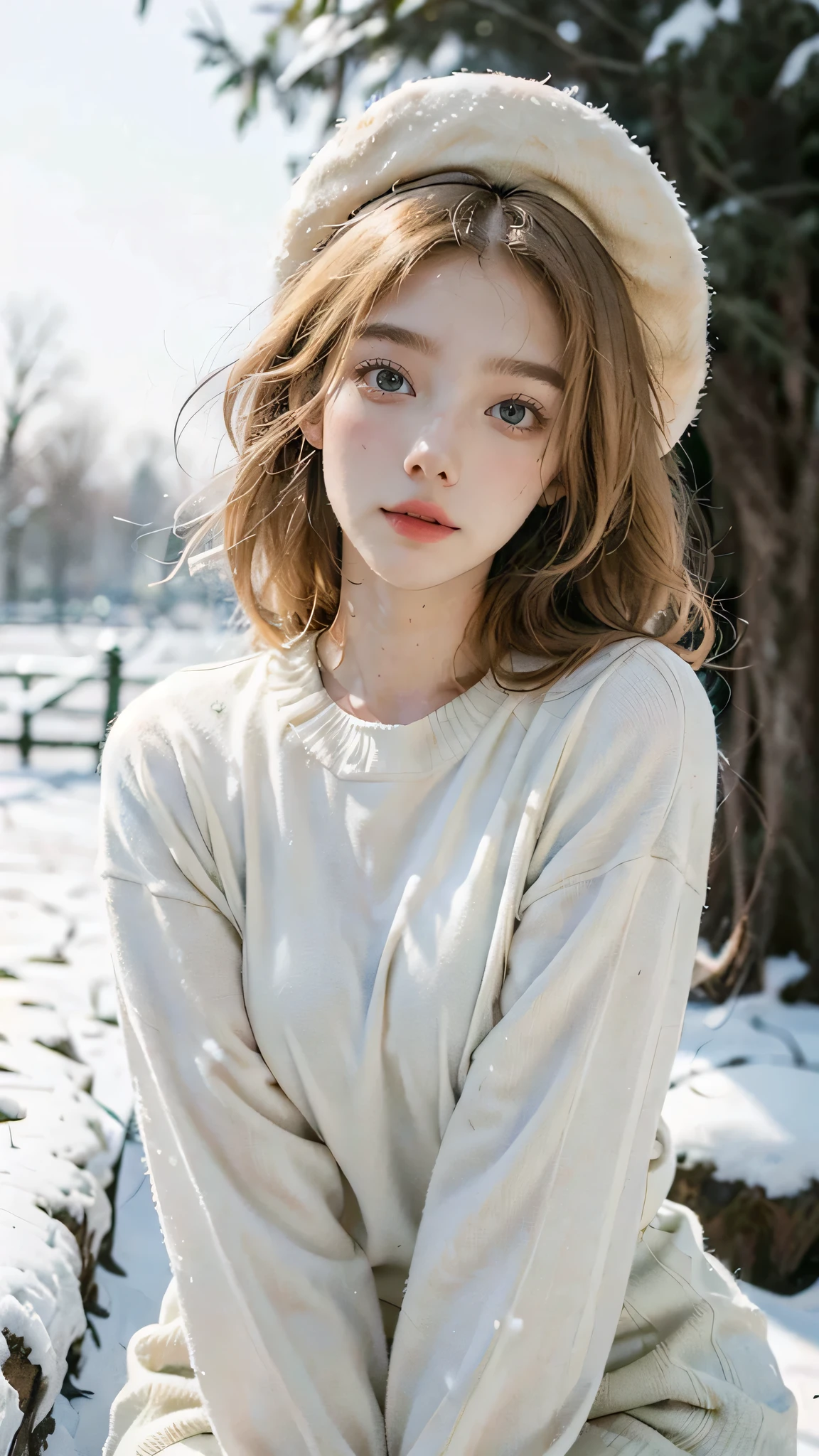 (best quality,4K,high resolution,masterpiece:1.4),Super detailed,Very detailed,sharp focus,Surreal:1.4,professional,HD images,bright colors,Bokeh,Beautiful and delicate eyes,Beautiful and delicate lips,long eyelashes,Romantic atmosphere,soft light,Contrast light and shadow,Lighting effects,high nose bridge,high nose,Yamane,young,Lively,Chubby cheeks,charming,graceful curves,Blonde hair,full,The streets of Moscow,European girl,Snowing day,Kremlin background,Wearing a red star cotton hat,Olive green military uniform