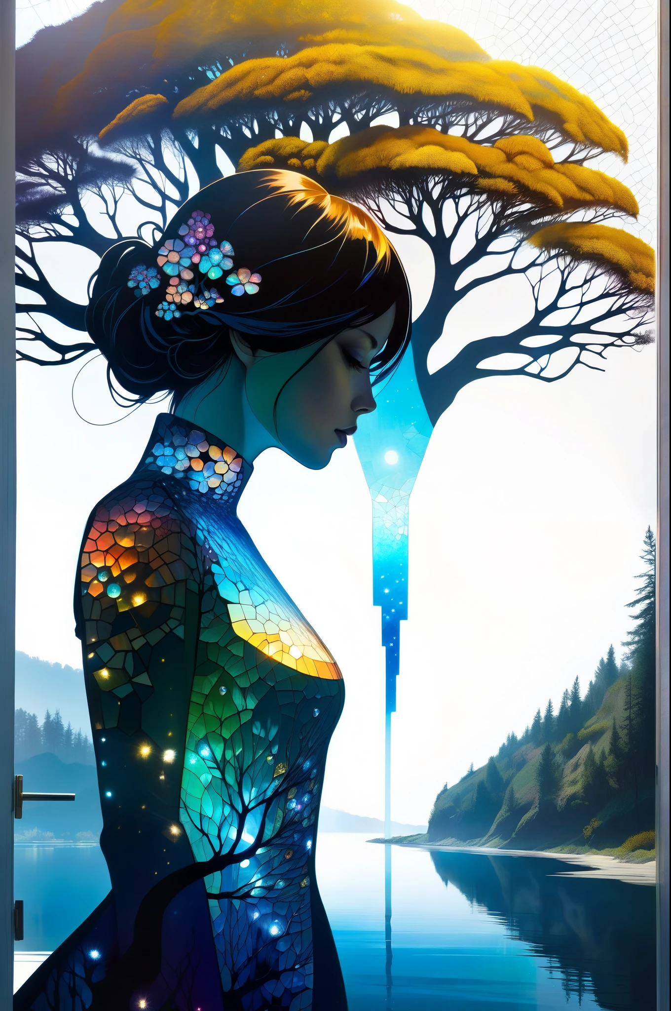 Futuristic utopia, Adventure, Aether, Kraken, Nebula, Verdant, Canvas, Spontaneous Human Combustion, Voyage, Lovely, Grateful, river, (Double exposure:1.3) photo of a sexy lady made of mosaic of iridescent crystal glass with sub scattering mirror surface imposing onto transparent tree hollow trunk in living brocade underbust dress made out of flowers, bokeh sky by Peter Gric, Conrad Roset, Brandon Kidwell, Andreas Lie, Dan Mountford, Dan Witz, Agnes Cecile, Jeremy Mann, fine art, super dramatic moonshine, silhouette photo illustration, amazing depth, intricate detailed fine cracked surface, stunning atmosphere, mesmerizing whimsical vibrant scenery, complex masterwork by head of prompt engineering