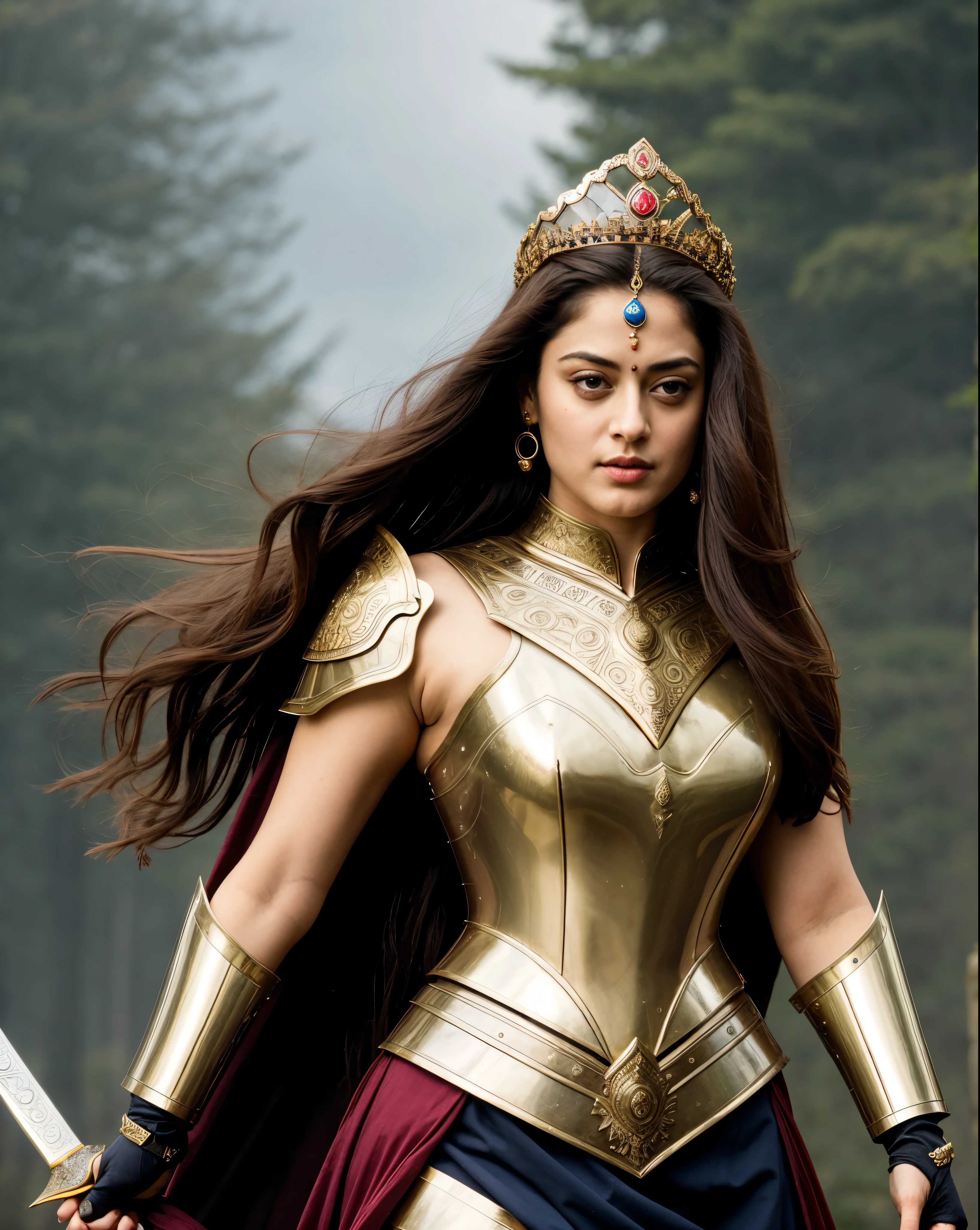 Looks like Sandeepa Dhar, heavy physique, heavy figure, "Design an illustration of a stunning and powerful warrior queen with a regal presence. She should possess a combination of strength and grace. Imagine her in ornate, yet practical armor that complements her figure. The armor should be adorned with intricate details and symbols representing her royal lineage and warrior prowess. Her weapon of choice could be a unique and elegant sword or a mythical weapon that reflects her status as a formidable leader.
Her facial features should exude confidence and determination, with piercing eyes that convey both fierceness and wisdom. The queen's hair, whether long or short, should flow dynamically, hinting at her movement in battle. Consider incorporating elements that emphasize her connection to nature or a mythical realm, such as ethereal backgrounds, symbolic animals, or mystical symbols.
Pay attention to the color palette; use rich, bold colors that enhance her royal aura. Experiment with lighting to highlight specific details and create a sense of drama. Ensure that her posture and expression capture the essence of a queen who commands respect and admiration. Feel free to draw inspiration from historical warrior queens or fictional characters, blending elements to create a unique and captivating image."