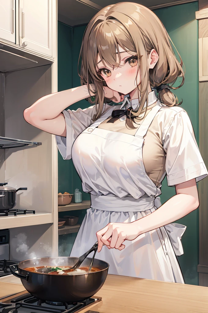 Anime, age girl, big breasts, Long hair light brown color, light brown eyes, blushing, smooth white skin, Looks very cute, Gentle and neat personality, Shy, Agasshi., Small and short, Pigtail-hair style, Wearing white apron, Cooking in the kitchen