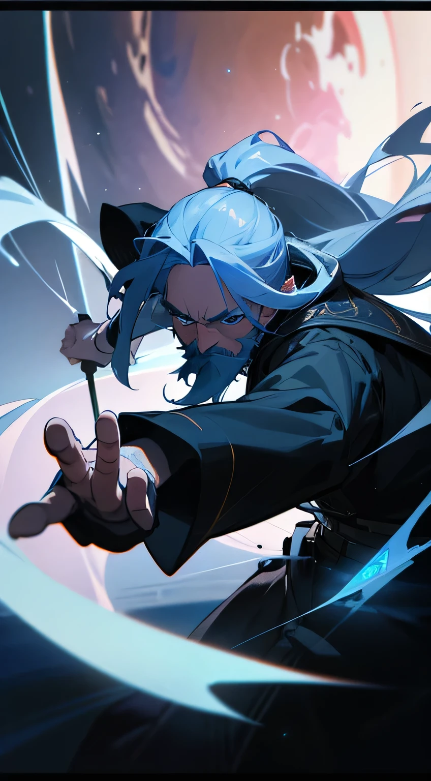 a man with long white hair tied in a ponytail,detailed blue eyes,detailed beard,magician's staff,black hole energy channeling from fingertips,cinematic lighting,dramatic pose,digital art,intricate details,hyper realistic,photorealistic,highres,8k,best quality,masterpiece
