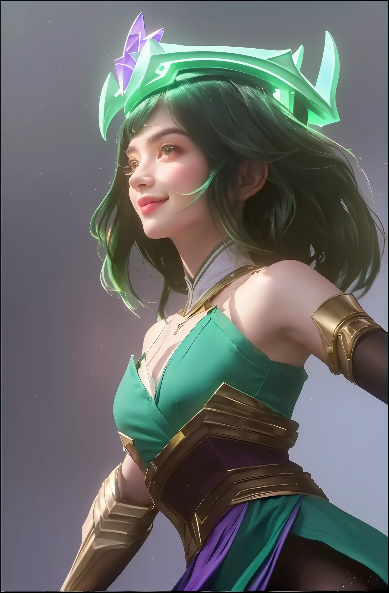 a young girl with beautiful detailed eyes, beautiful detailed lips, extremely detailed face, long eyelashes, green and purple outfit, portrait, knights of zodiac, (best quality, 4k, 8k, highres, masterpiece:1.2), ultra-detailed, (realistic, photorealistic, photo-realistic:1.37), vibrant colors, dramatic lighting, magical, whimsical, intricate details, glowing aura, little smile