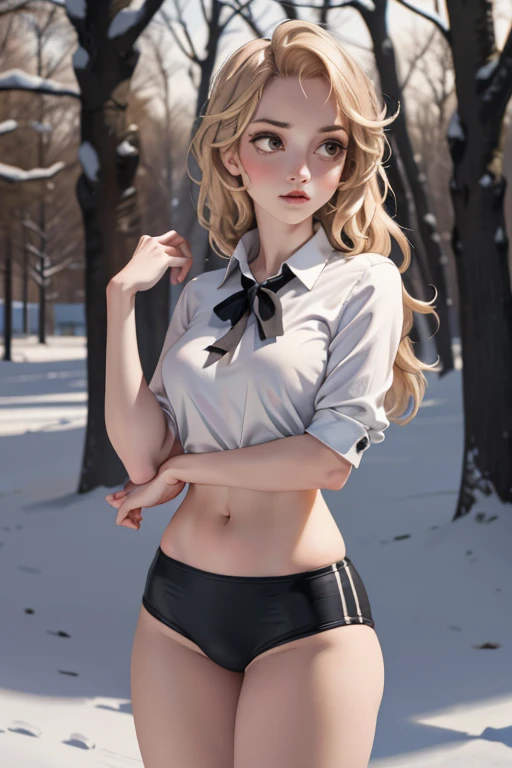 Beautiful girl、Jewel-like eyes、whole body、Blonde long hair、(Black gym bloomers)+(White collar blouse)、High leg、Cowboy Shot、alone、umbilical cord、Bare Belly, High leg、　Night Forest、stand (Realistic:1.4), 8K high resolution for detailed and realistic images, (highest quality, masterpiece:1.2), Browsing Caution,  Photon Mapping,Charlie Morningstar、 Radio City, Physically Based Rendering, highest quality, Very detailed,One girl, Big eyes, Outdoor, whole body, String, Freezing in the woods, snow,