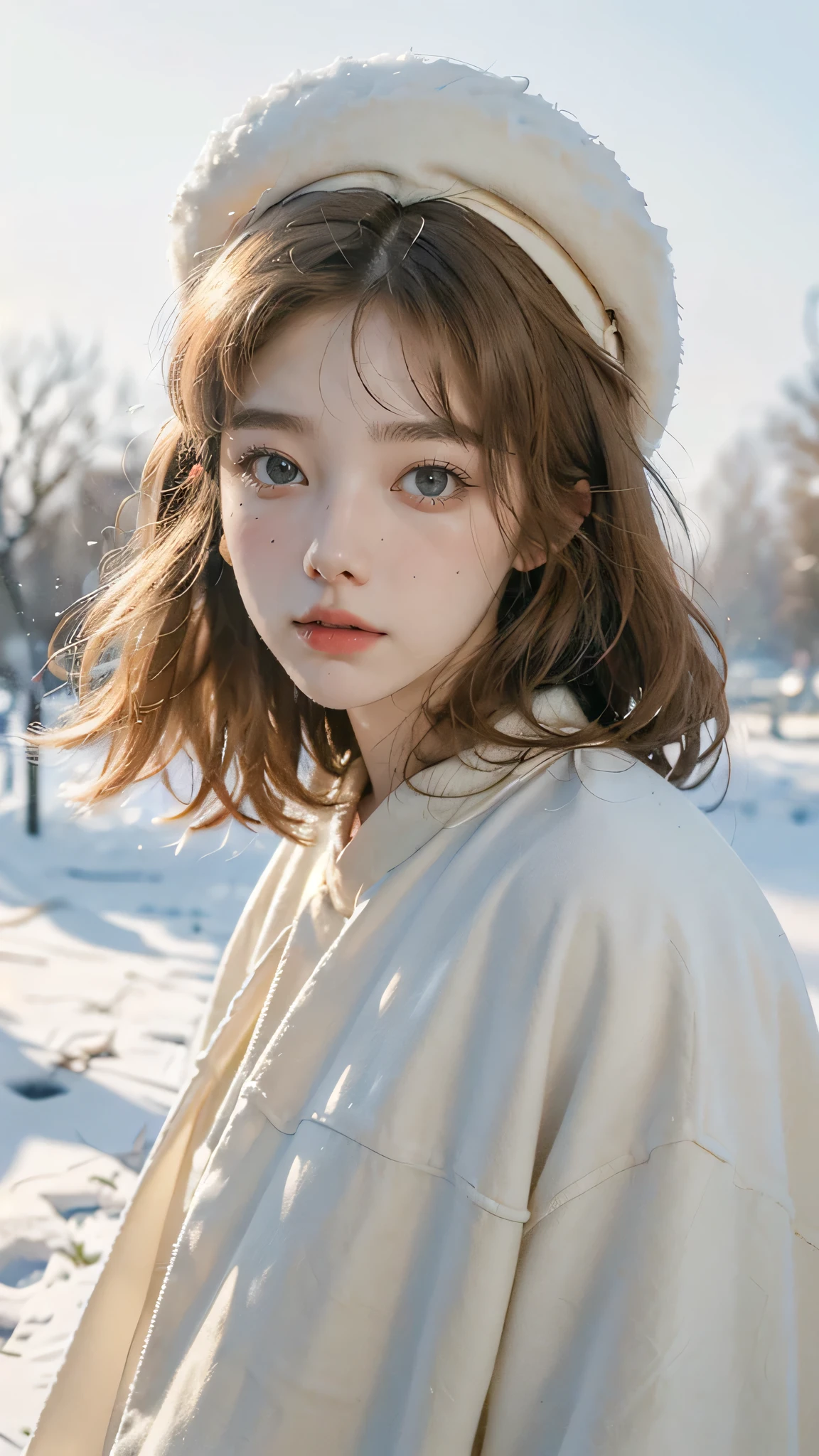 (best quality,4K,high resolution,masterpiece:1.4),Super detailed,Very detailed,sharp focus,Surreal:1.4,professional,HD images,bright colors,Bokeh,Beautiful and delicate eyes,Beautiful and delicate lips,long eyelashes,Romantic atmosphere,soft light,Contrast light and shadow,Lighting effects,high nose bridge,high nose,Yamane,young,Lively,Chubby cheeks,charming,graceful curves,Blonde hair,full,The streets of Moscow,European girl,Snowing day,Kremlin background,Wearing a red star cotton hat,Olive green military uniform