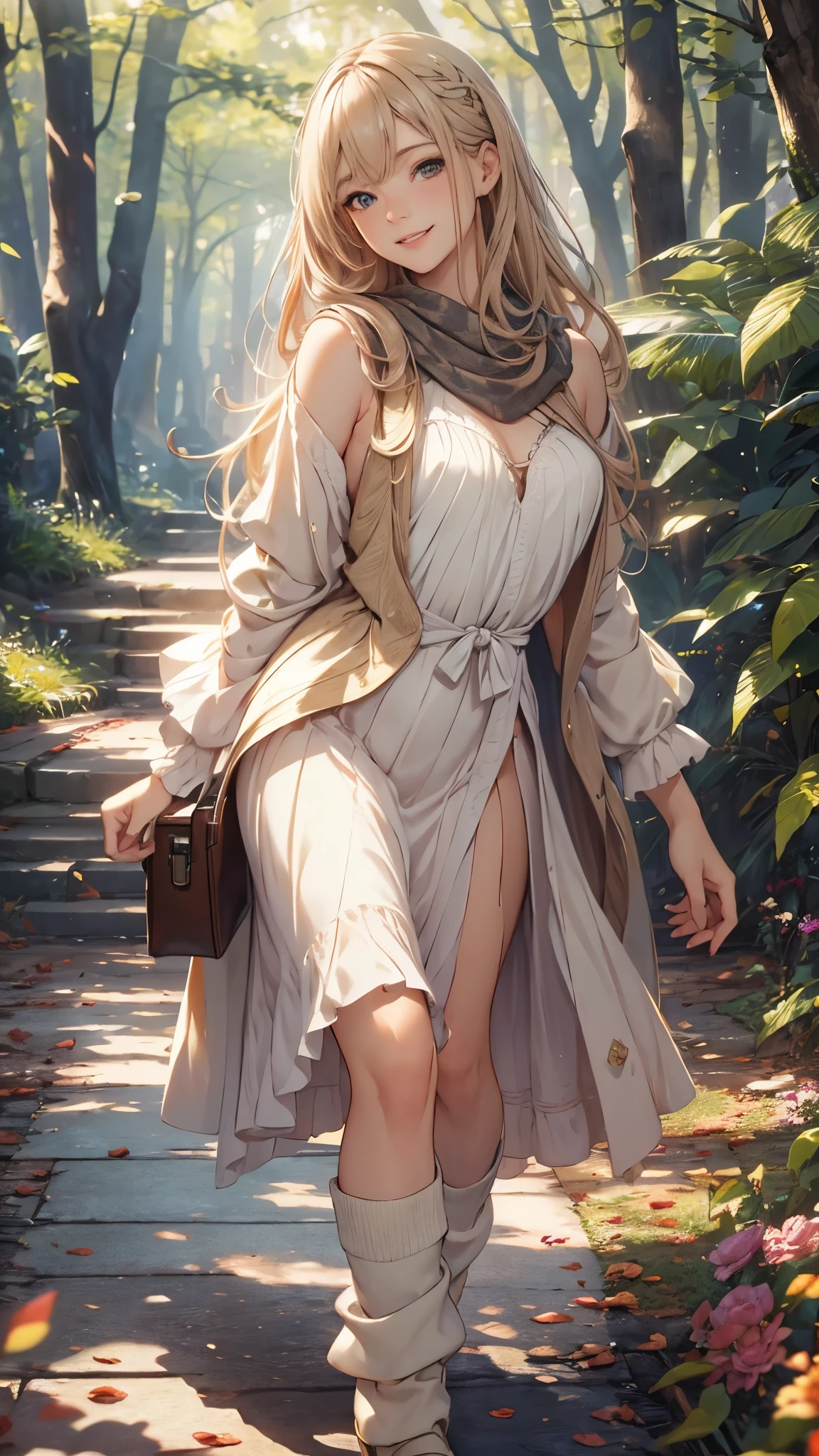 A beautiful young woman, 18 years old, grin,grin,wearing a long white maxi dress, socks,short boots,with long flowing blonde hair, grinning with a slightly mischievous expression, standing in a serene outdoor setting, sunlight filtering through the trees, (best quality,4k,8k,highres,masterpiece:1.2),ultra-detailed,(realistic,photorealistic,photo-realistic:1.37),detailed facial features, beautiful eyes, nose, and lips, intricate fabric textures, natural lighting, cinematic composition, vibrant colors, fantasy,ethereal