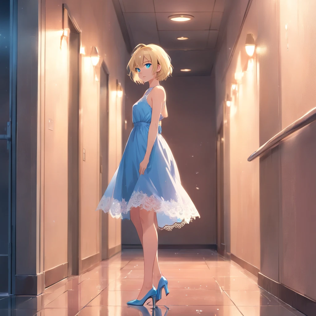 Women, ((Blonde)), ((Blue eyes)), ((Short hair)), ((Full shot)), very detailed makeup, pale pink lipstick, long earrings, Standing leaning against a wall, wearing sexy lace negligee and high heels ((wearing high heels)) ((Full Body)) ((wet floor))