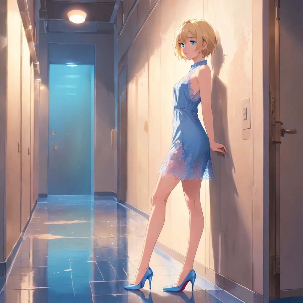 Women, ((Blonde)), ((Blue eyes)), ((Short hair)), ((Full shot)), very detailed makeup, pale pink lipstick, long earrings, Standing leaning against a wall, wearing sexy lace negligee and high heels ((wearing high heels)) ((Full Body)) ((wet floor))