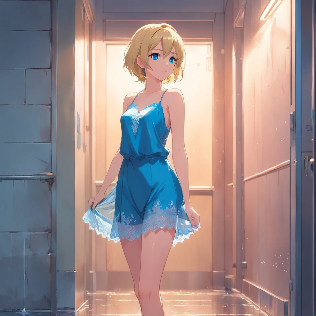 Women, ((Blonde)), ((Blue eyes)), ((Short hair)), ((Full shot)), very detailed makeup, pale pink lipstick, long earrings, Standing leaning against a wall, wearing sexy lace negligee and high heels ((wearing high heels)) ((Full Body)) ((wet floor))