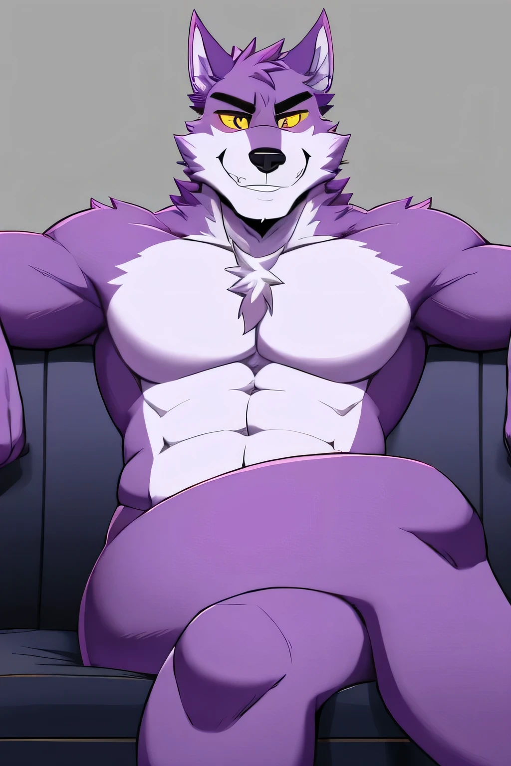 adult male, anthro wolf, sitting in an couch with crossed legs, nude, smirk, body completely in purple, body completely of a single color, purple body, purple fur, yellow sclera, black eyebrows, daddy body, grin,