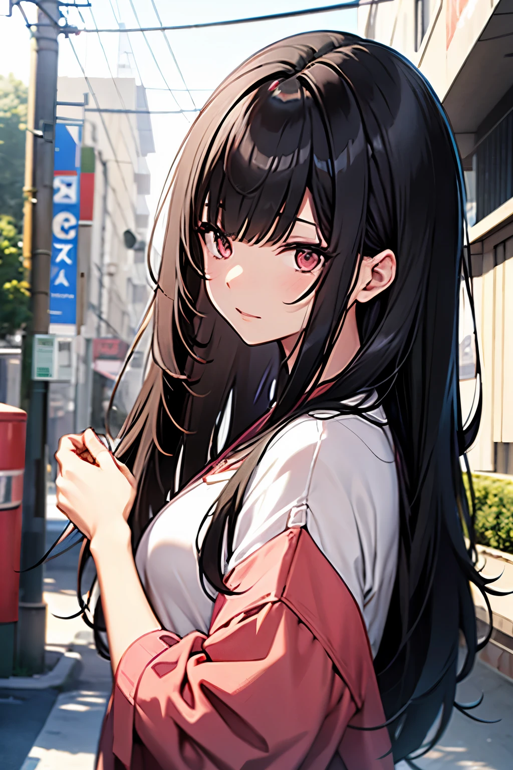girl, long black hair with bangs, white skin, brown eyes, pink clothes., anime