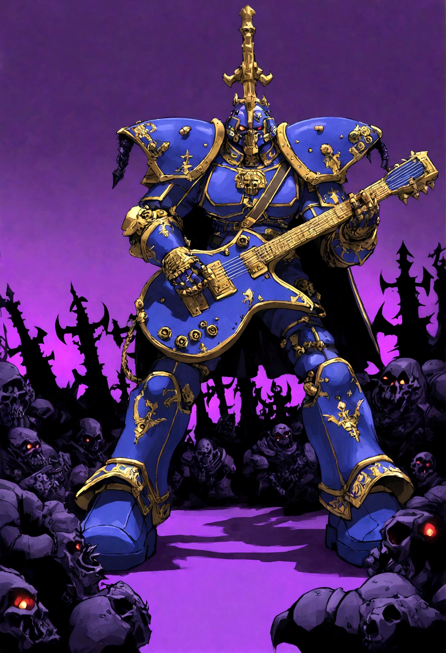 warhammer 40k, a chaos noise marine (purple primary color scheme, gold trim, blasphemous symbols), is playing a chaos styled guitar, powerful speakers on his back blast deadly noise, hi gothic future city
