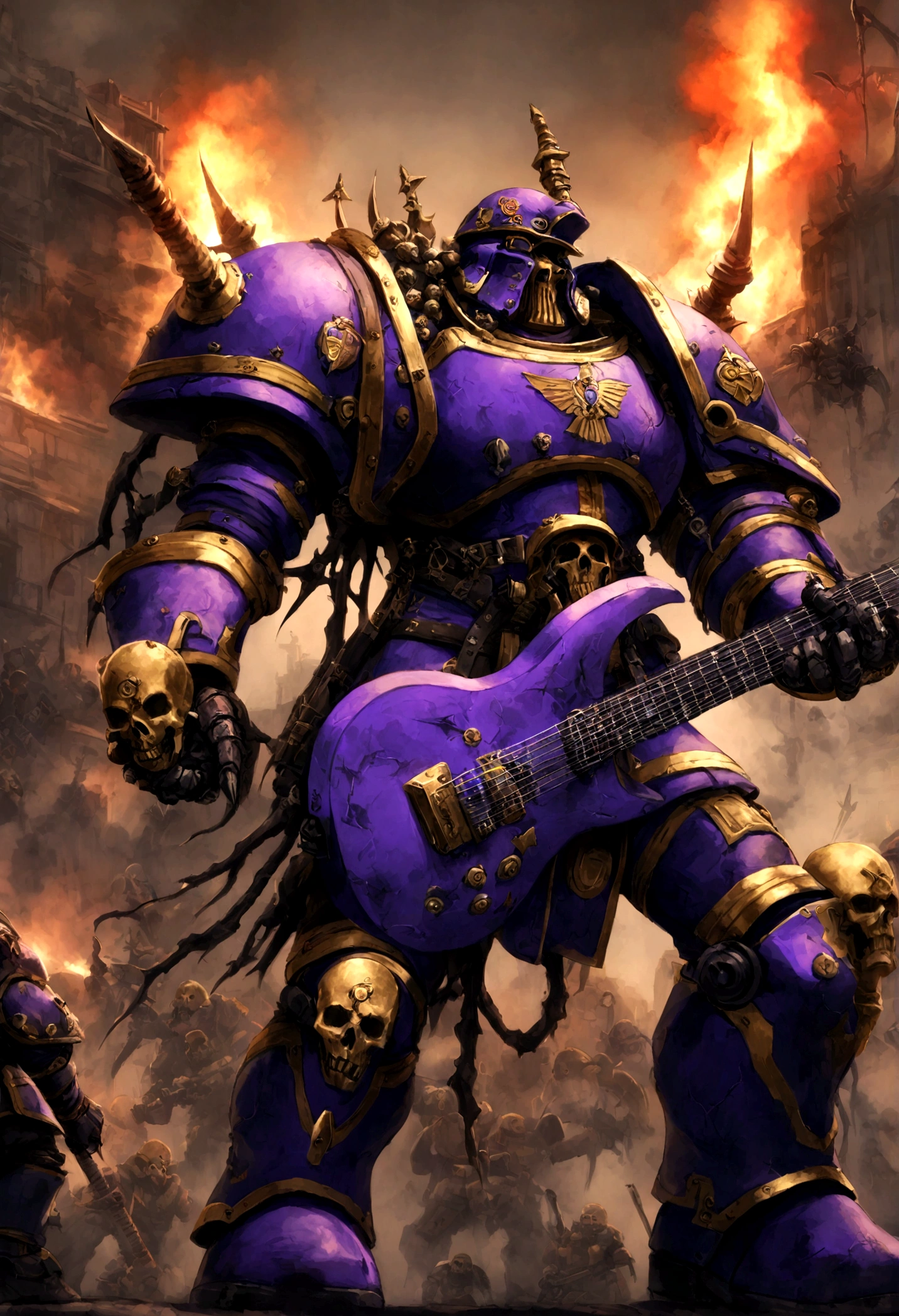 warhammer 40k, a chaos noise marine (purple primary color scheme, gold trim, blasphemous symbols), is playing a chaos styled guitar, powerful speakers on his back blast deadly noise, hi gothic future city
